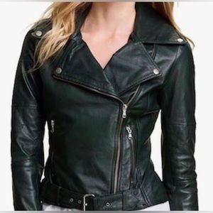 Kenna T Bottle Green Genuine Leather Jacket Moto Biker Quilted XS Punk Grunge